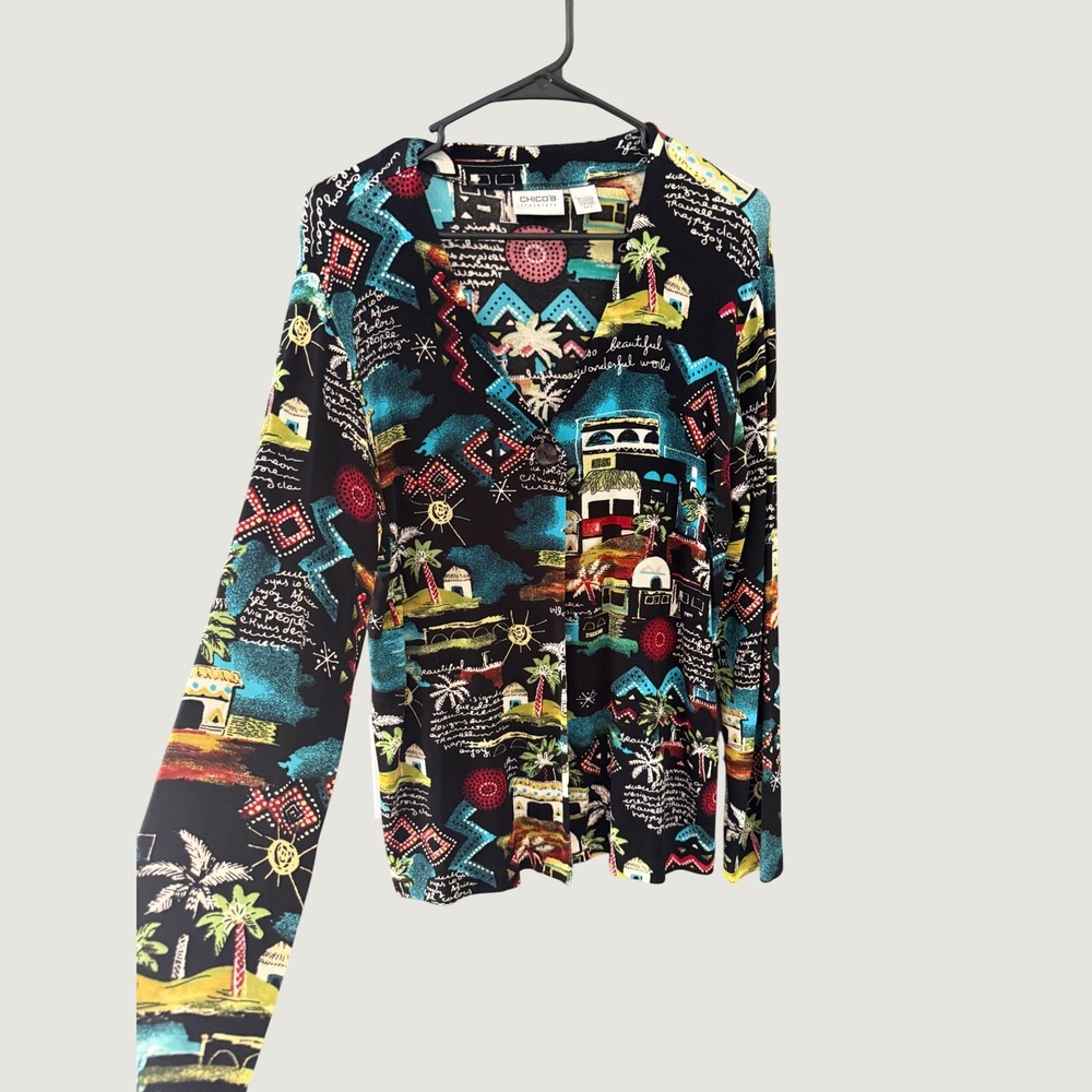 Chicos Travelers Womens Size 2 Large Tropical Village Novelty Print V-Neck Top